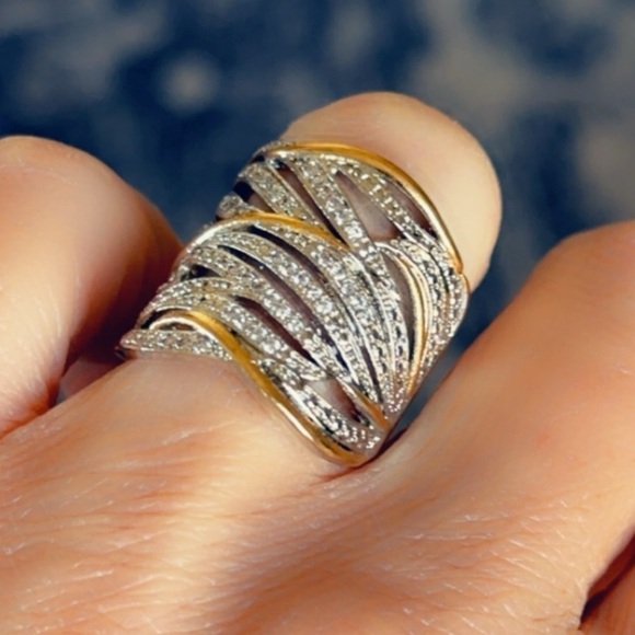 Silver Wide Band White Sapphire Gold Ring - Picture 16 of 16